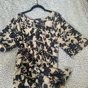 West Kei Beige and Black Floral Tie-Waist Blouse